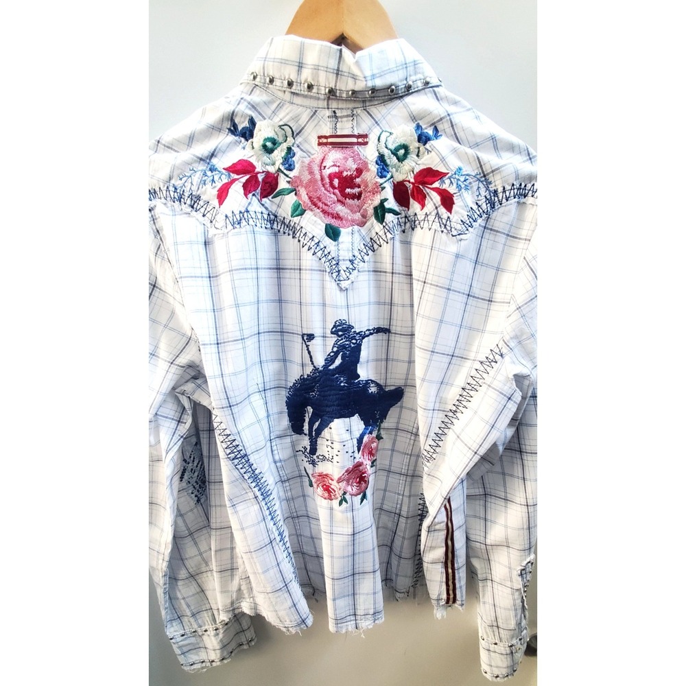 3J Workshop Johnny Was L Plaid Shirt Embroidery Rose Western Cowgirl Raw Hem L/S - Picture 5 of 16